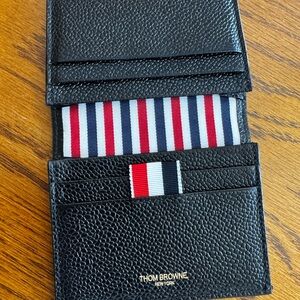 Thom Browne Black Leather Card Holder with Stripes